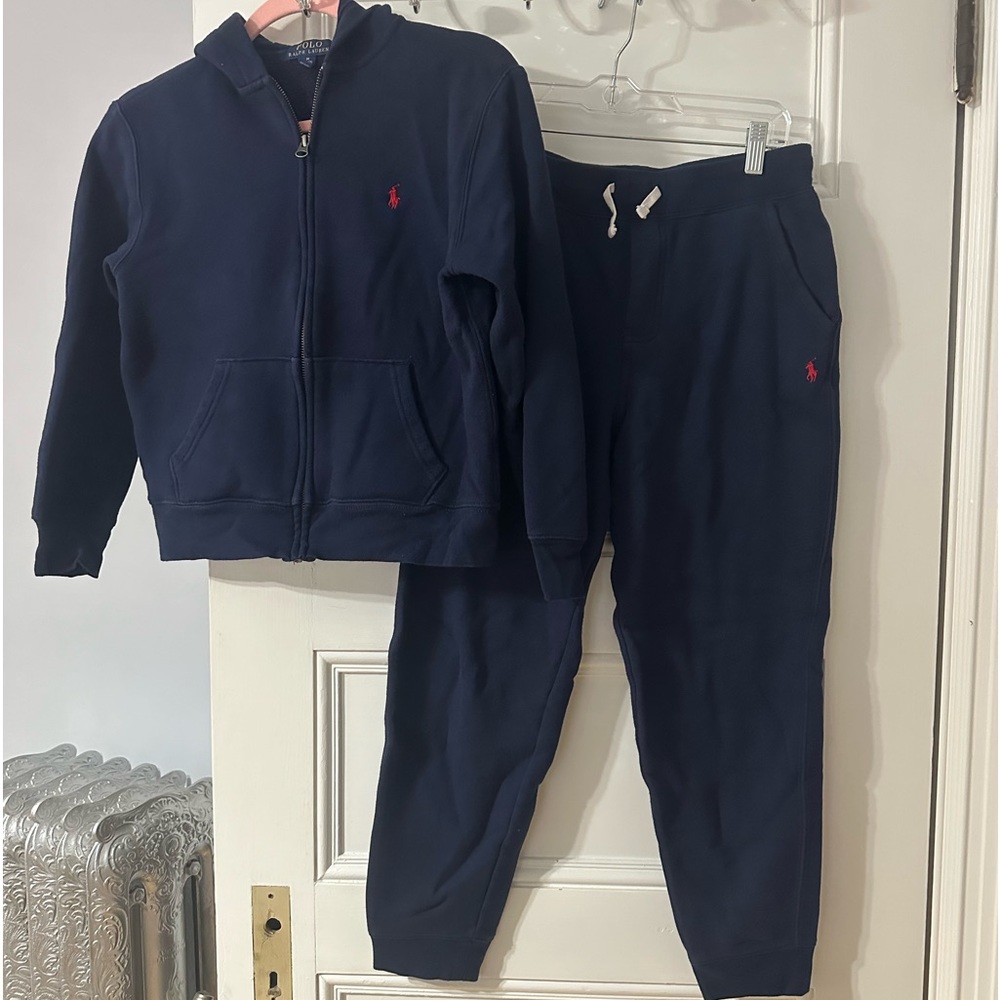 Boys Polo Cruise Navy Blue Set, Size M Zip Up Hoodie, Size L/G Jogger.